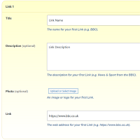 Screenshot of the Links admin section